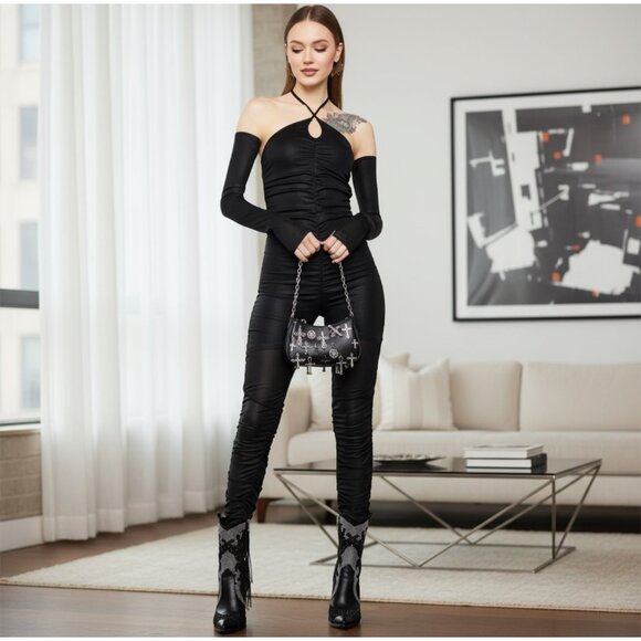 Jumpsuit – by Poster Grl – Black – Ruched Halter Keyhole Open Back Fitted – Sz M - Picture 1 of 3